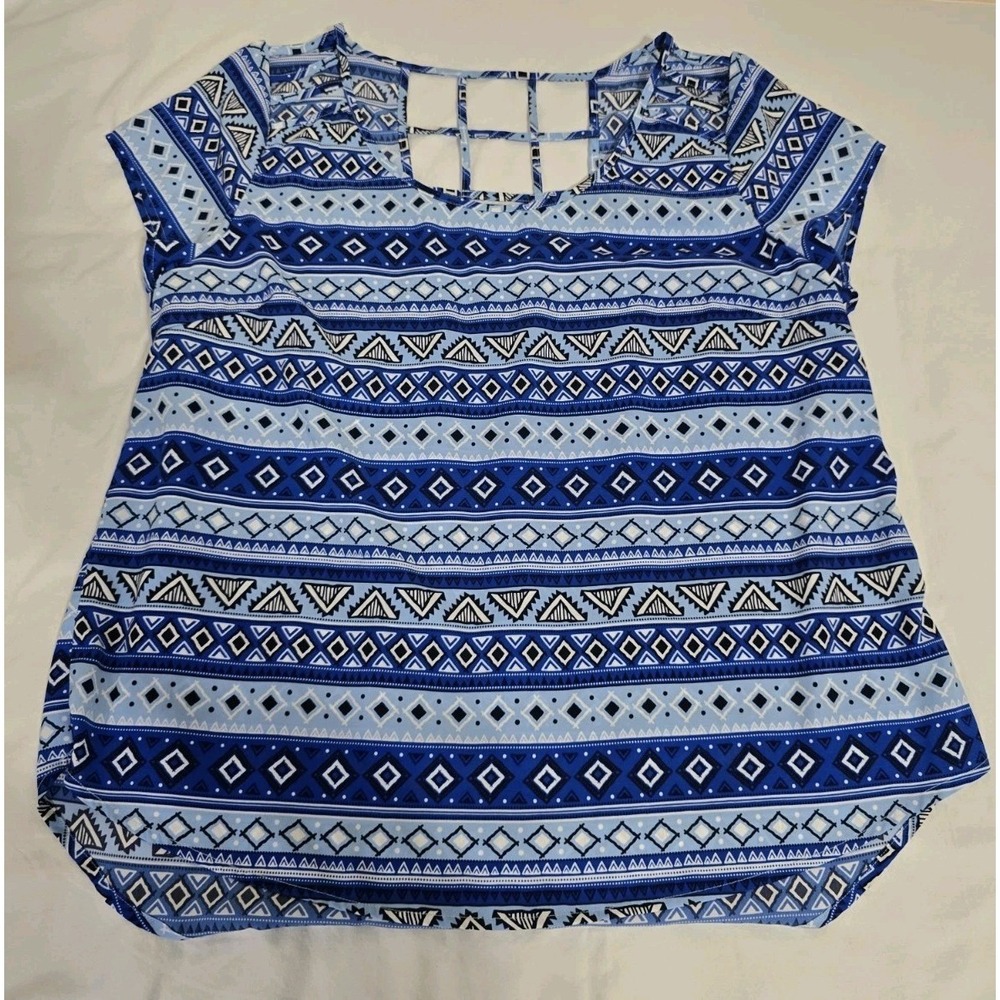 Mine Too Women's 2XL Blue Geometric Print Blouse
